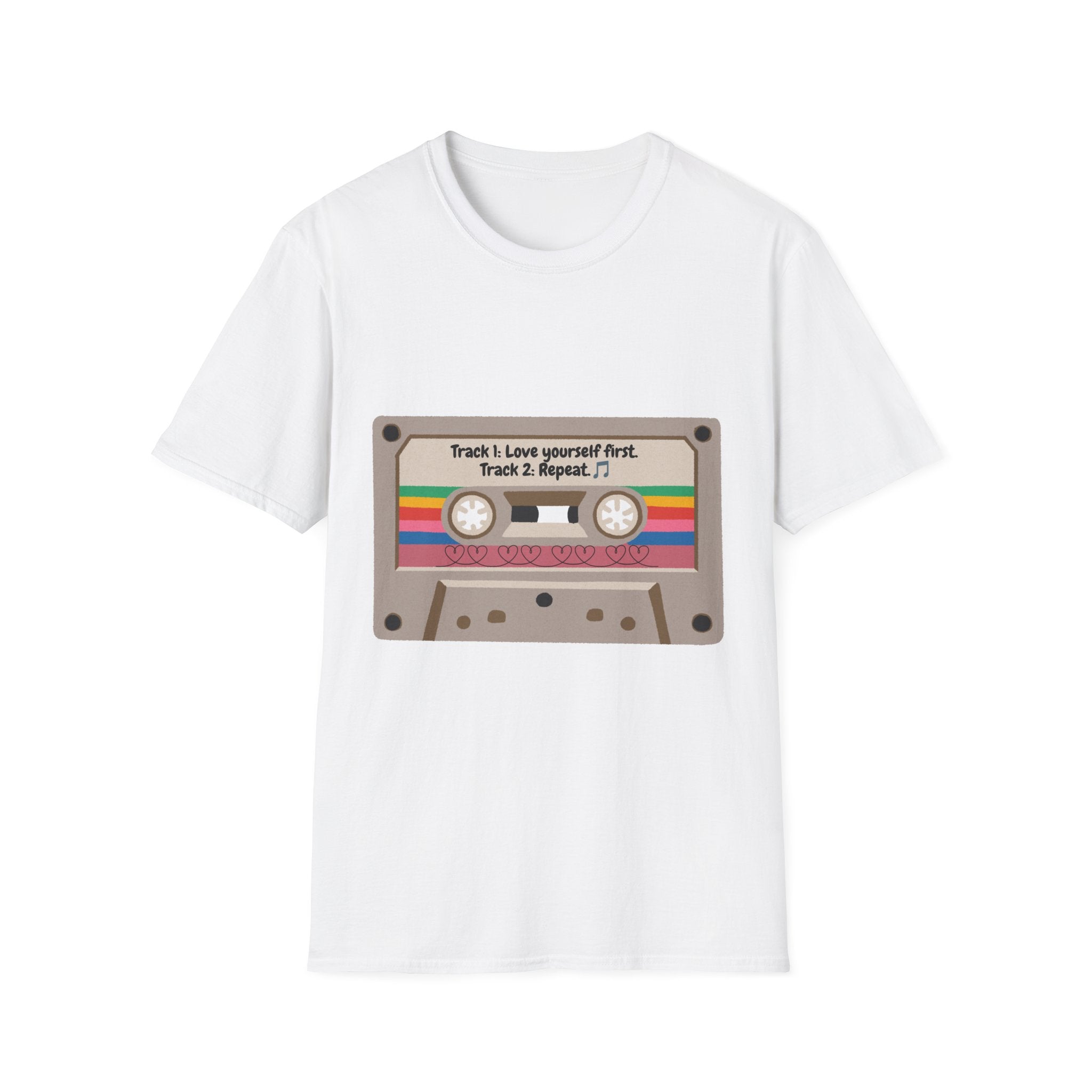 Cassette Tape Tee — "Track 1: Love yourself first. Track 2: Repeat" Vintage Retro T-Shirt