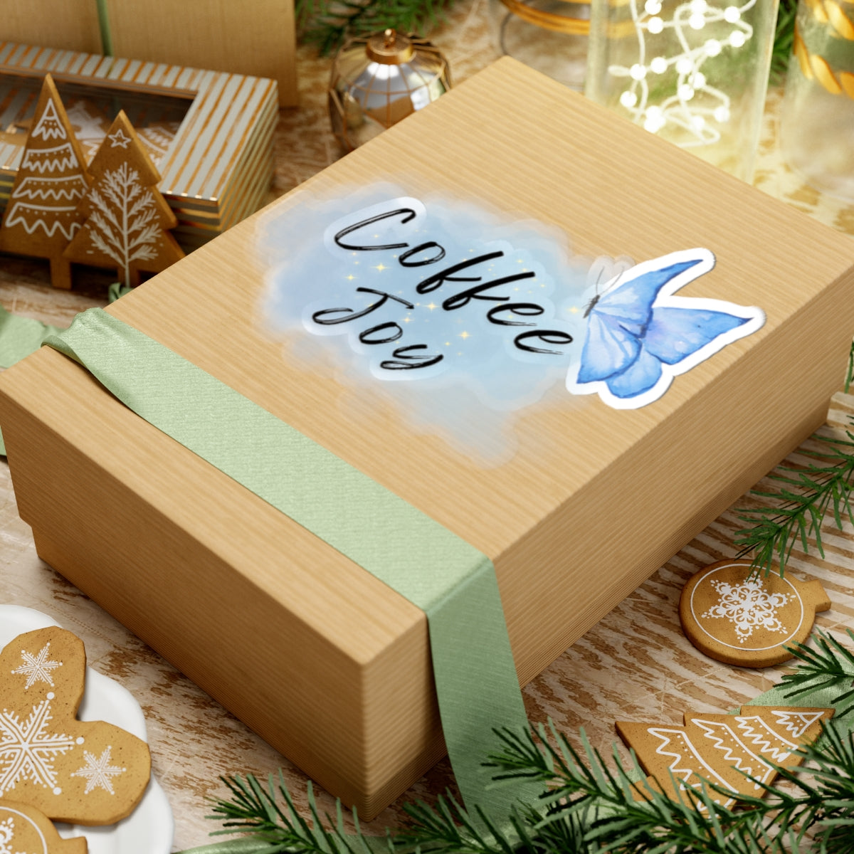 Kiss-Cut Sticker — “Coffee Joy” Blue Watercolor Butterfly Sticker