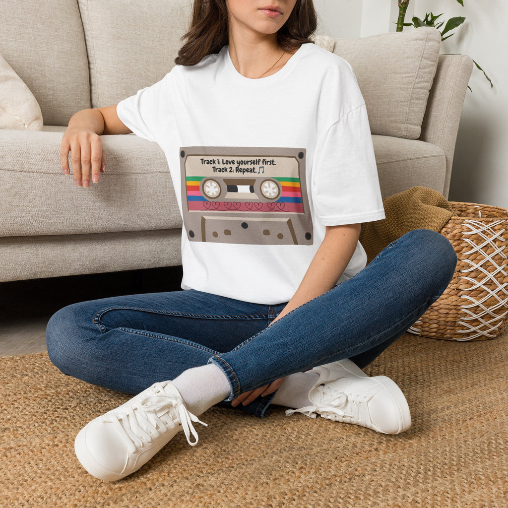 Cassette Tape Tee — "Track 1: Love yourself first. Track 2: Repeat" Vintage Retro T-Shirt