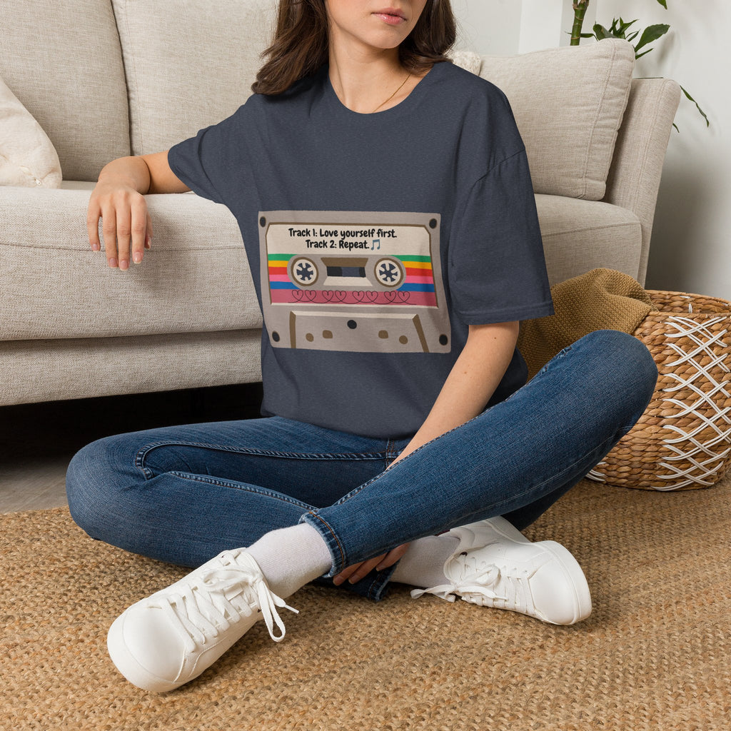 Cassette Tape Tee — "Track 1: Love yourself first. Track 2: Repeat" Vintage Retro T-Shirt