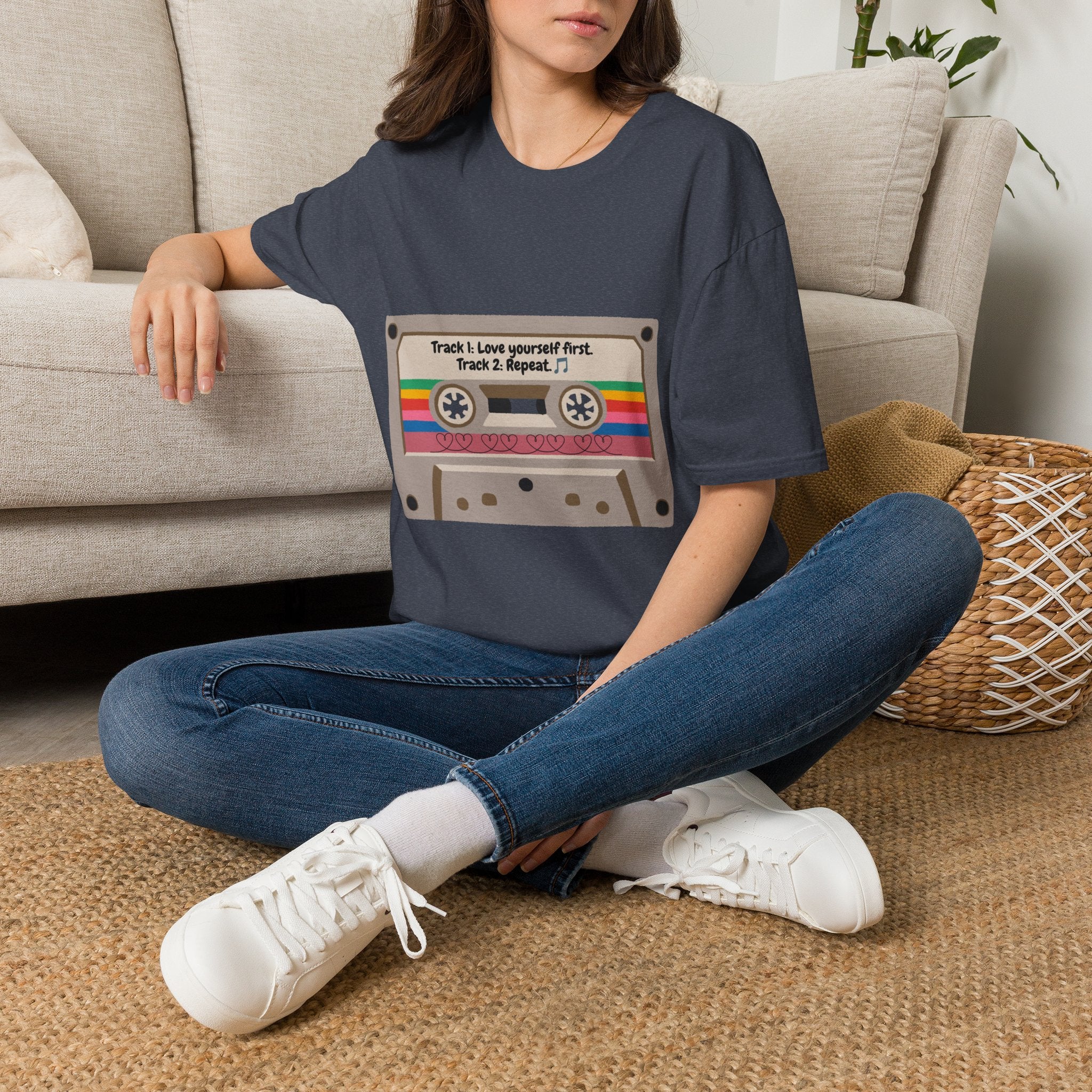 Cassette Tape Tee — "Track 1: Love yourself first. Track 2: Repeat" Vintage Retro T-Shirt