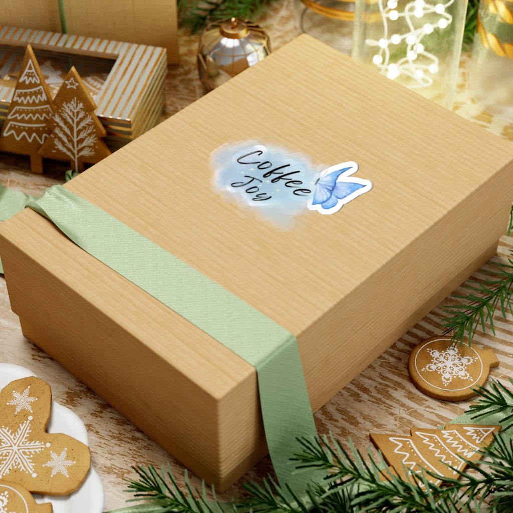 Kiss-Cut Sticker — “Coffee Joy” Blue Watercolor Butterfly Sticker