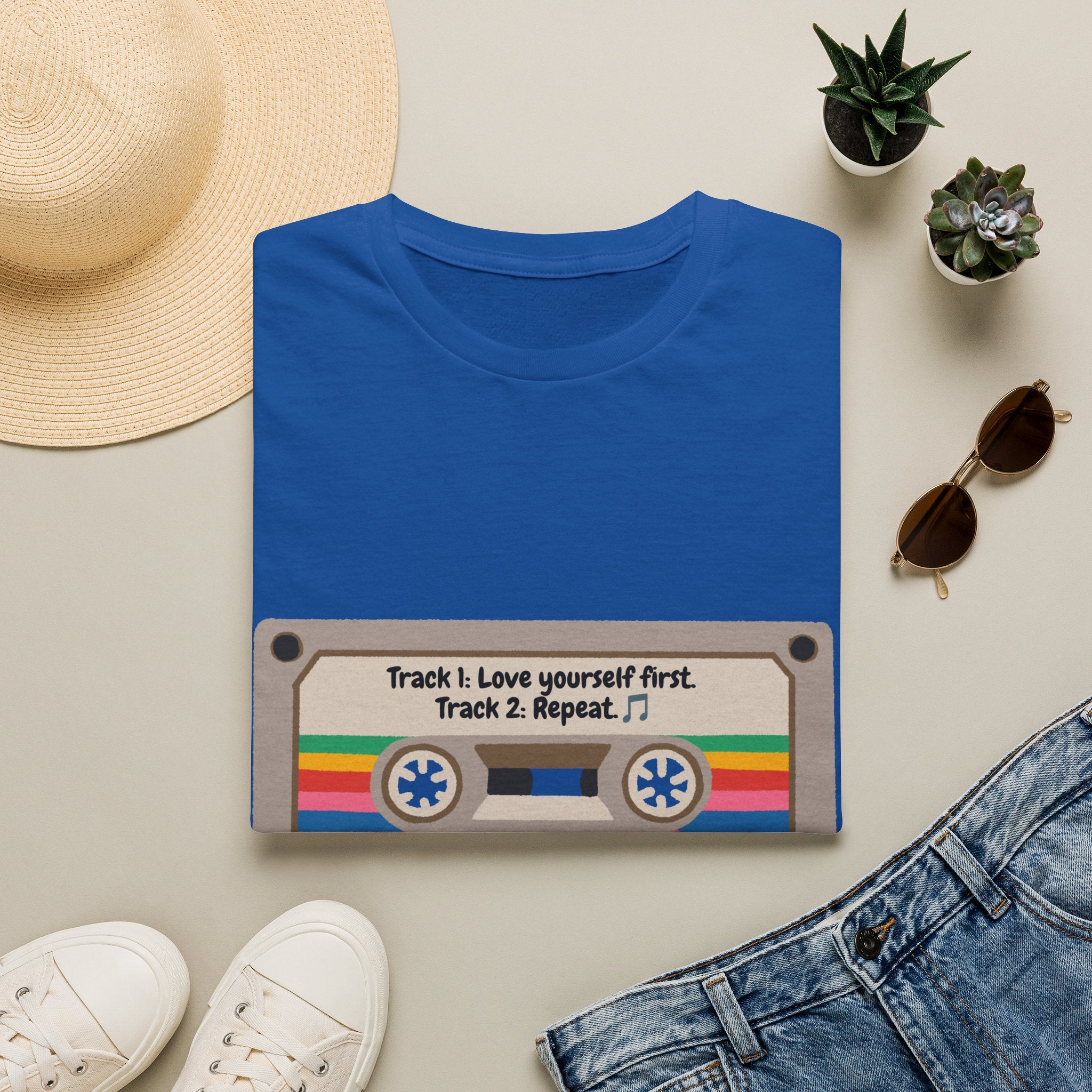 Cassette Tape Tee — "Track 1: Love yourself first. Track 2: Repeat" Vintage Retro T-Shirt