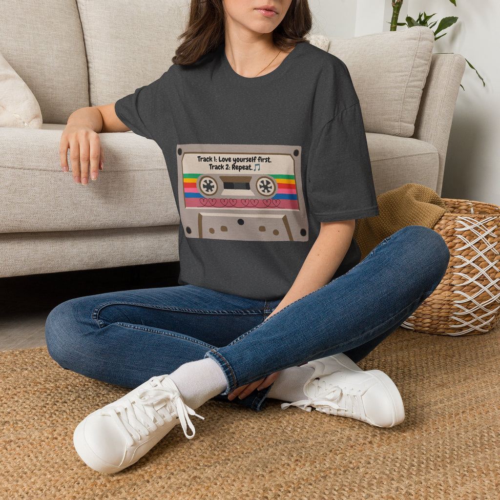 Cassette Tape Tee — "Track 1: Love yourself first. Track 2: Repeat" Vintage Retro T-Shirt