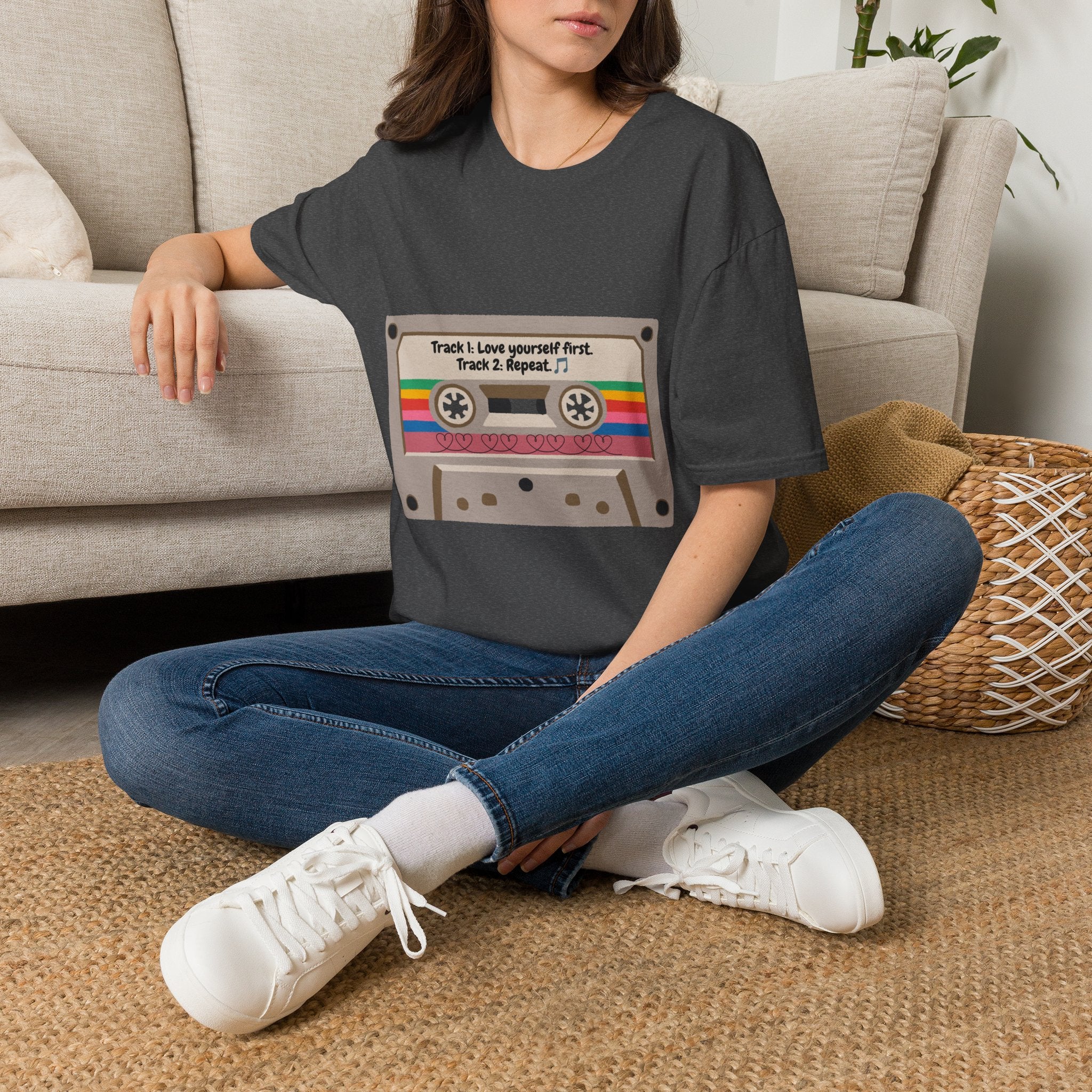 Cassette Tape Tee — "Track 1: Love yourself first. Track 2: Repeat" Vintage Retro T-Shirt