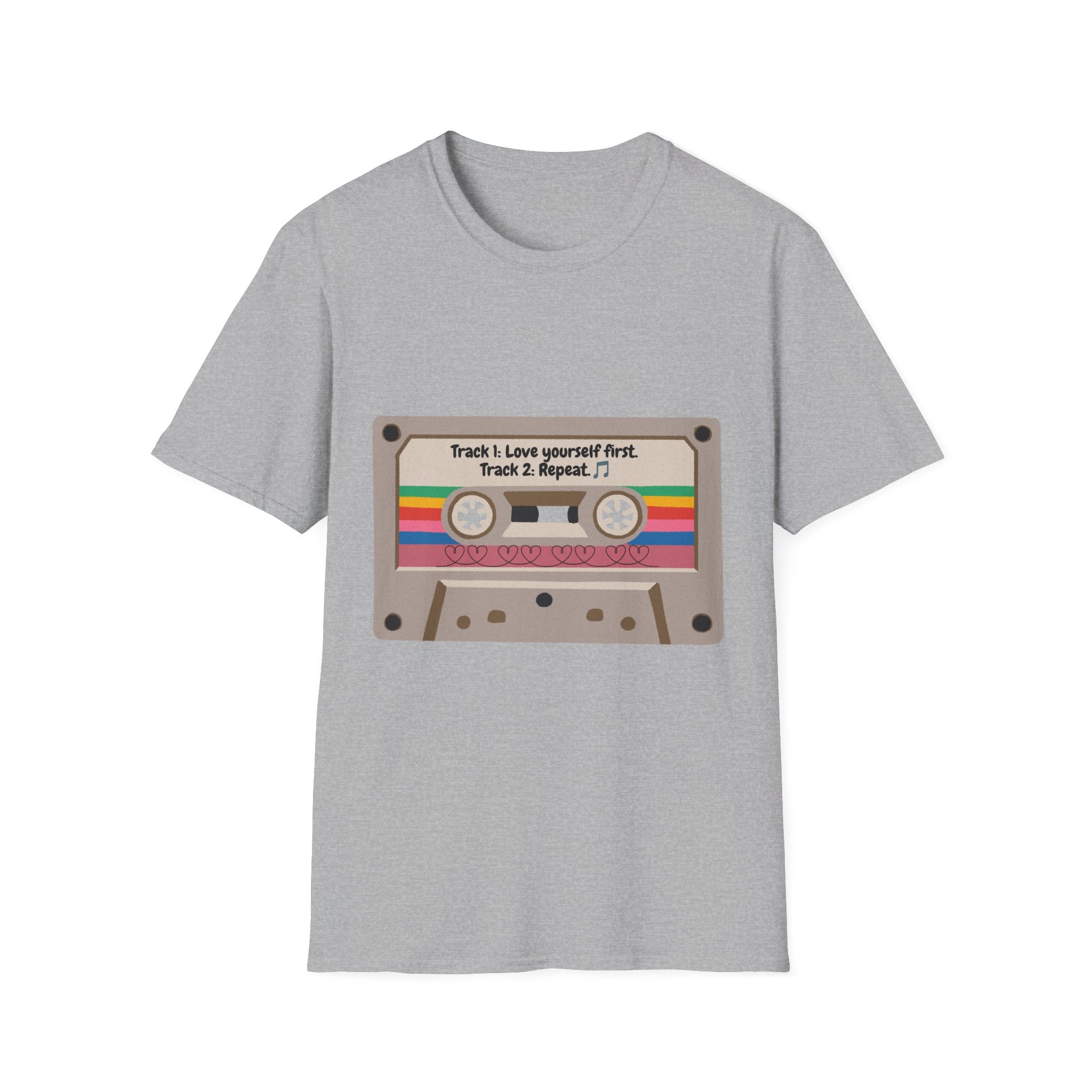 Cassette Tape Tee — "Track 1: Love yourself first. Track 2: Repeat" Vintage Retro T-Shirt