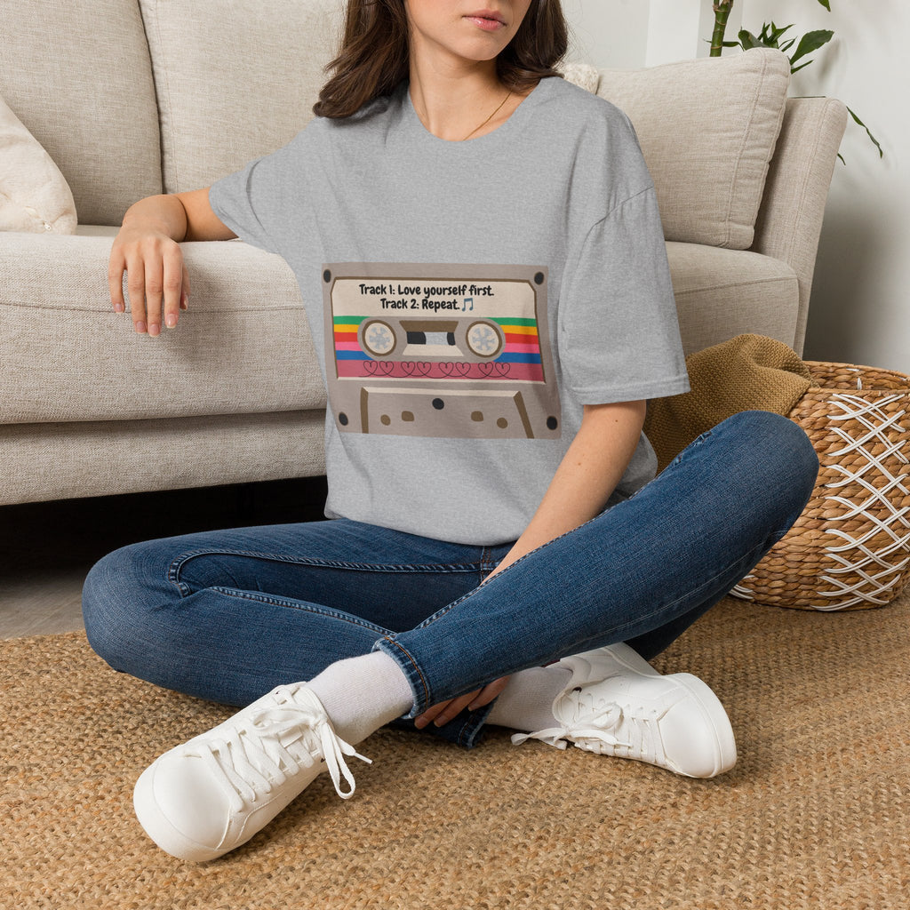 Cassette Tape Tee — "Track 1: Love yourself first. Track 2: Repeat" Vintage Retro T-Shirt
