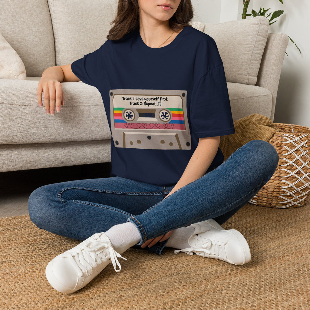 Cassette Tape Tee — "Track 1: Love yourself first. Track 2: Repeat" Vintage Retro T-Shirt