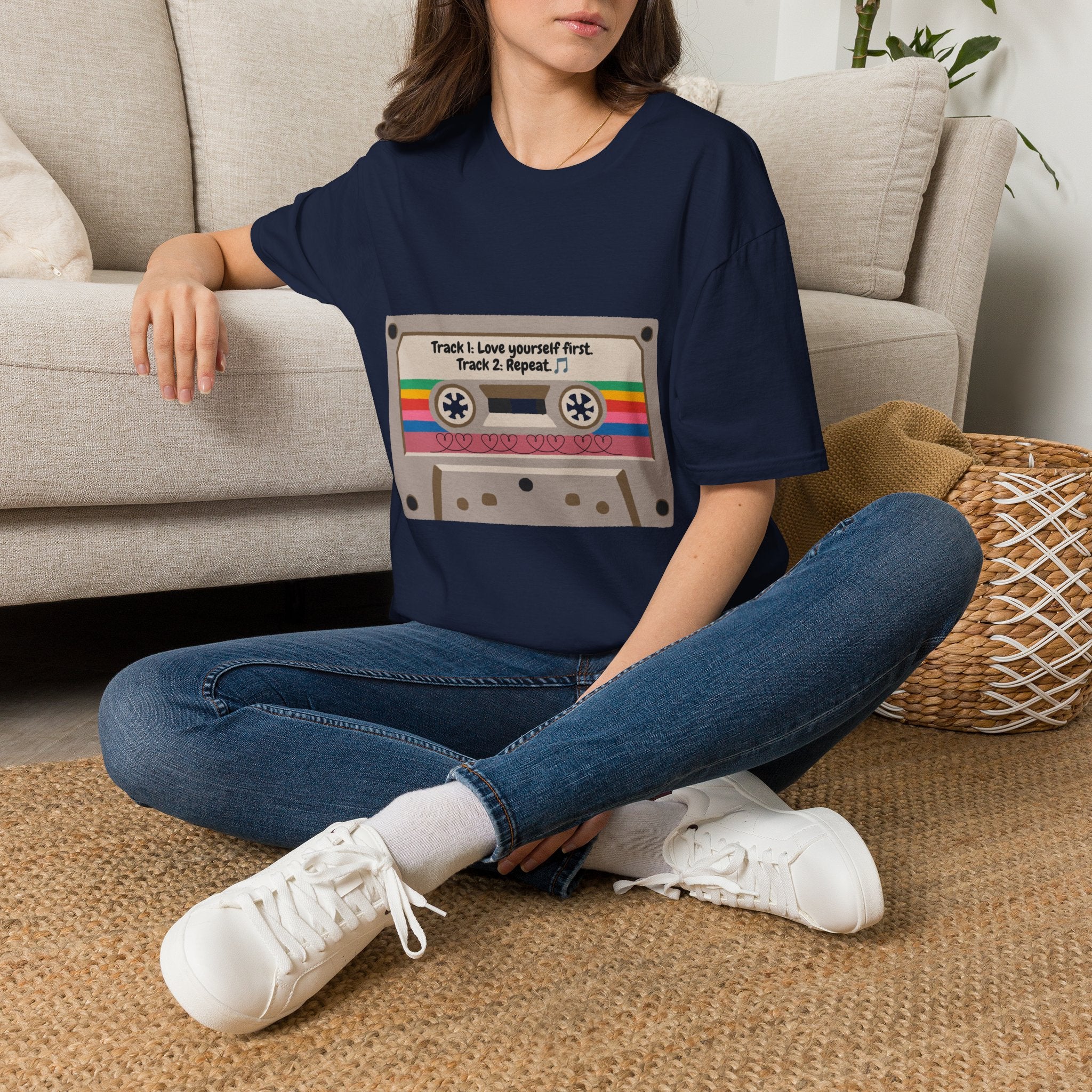 Cassette Tape Tee — "Track 1: Love yourself first. Track 2: Repeat" Vintage Retro T-Shirt