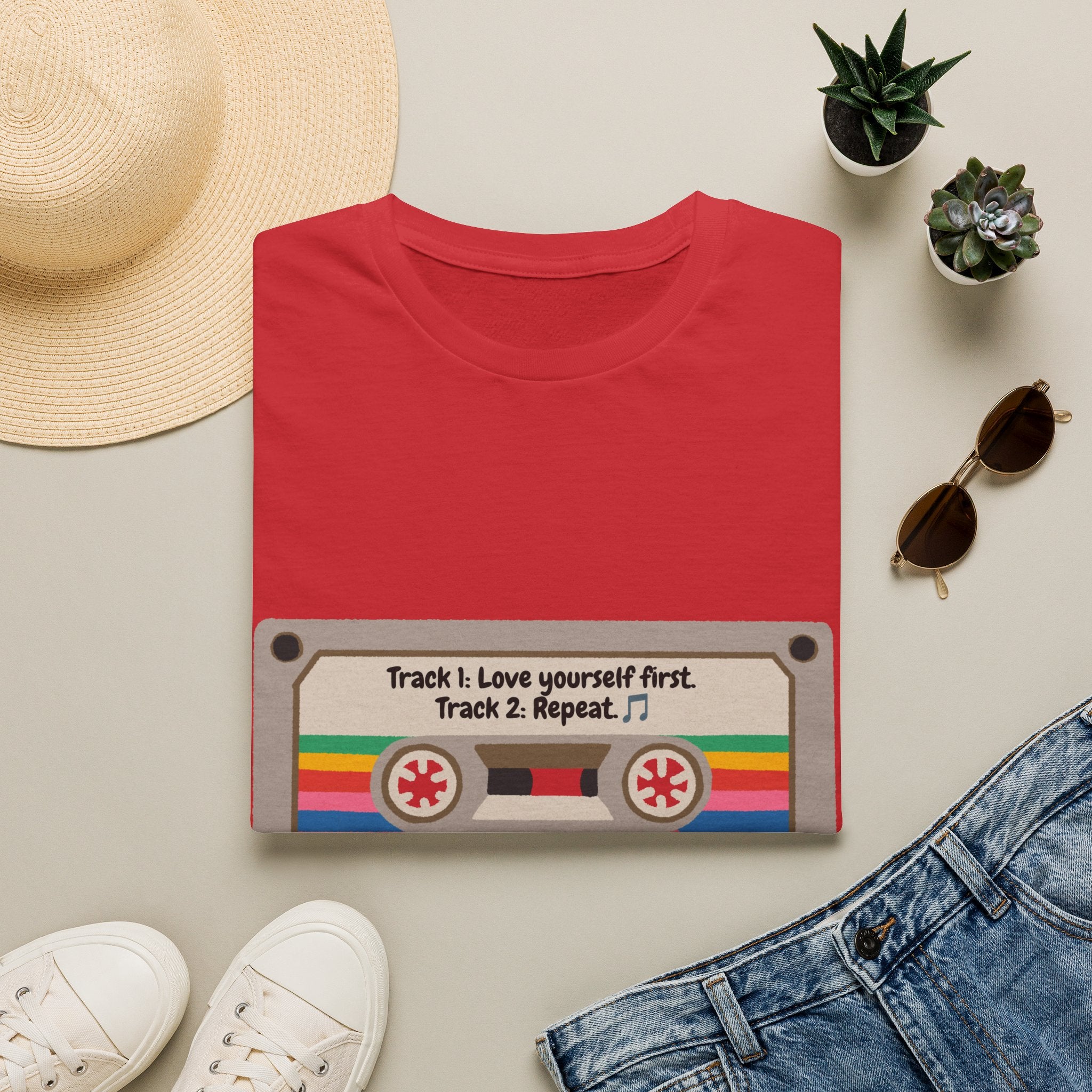 Cassette Tape Tee — "Track 1: Love yourself first. Track 2: Repeat" Vintage Retro T-Shirt