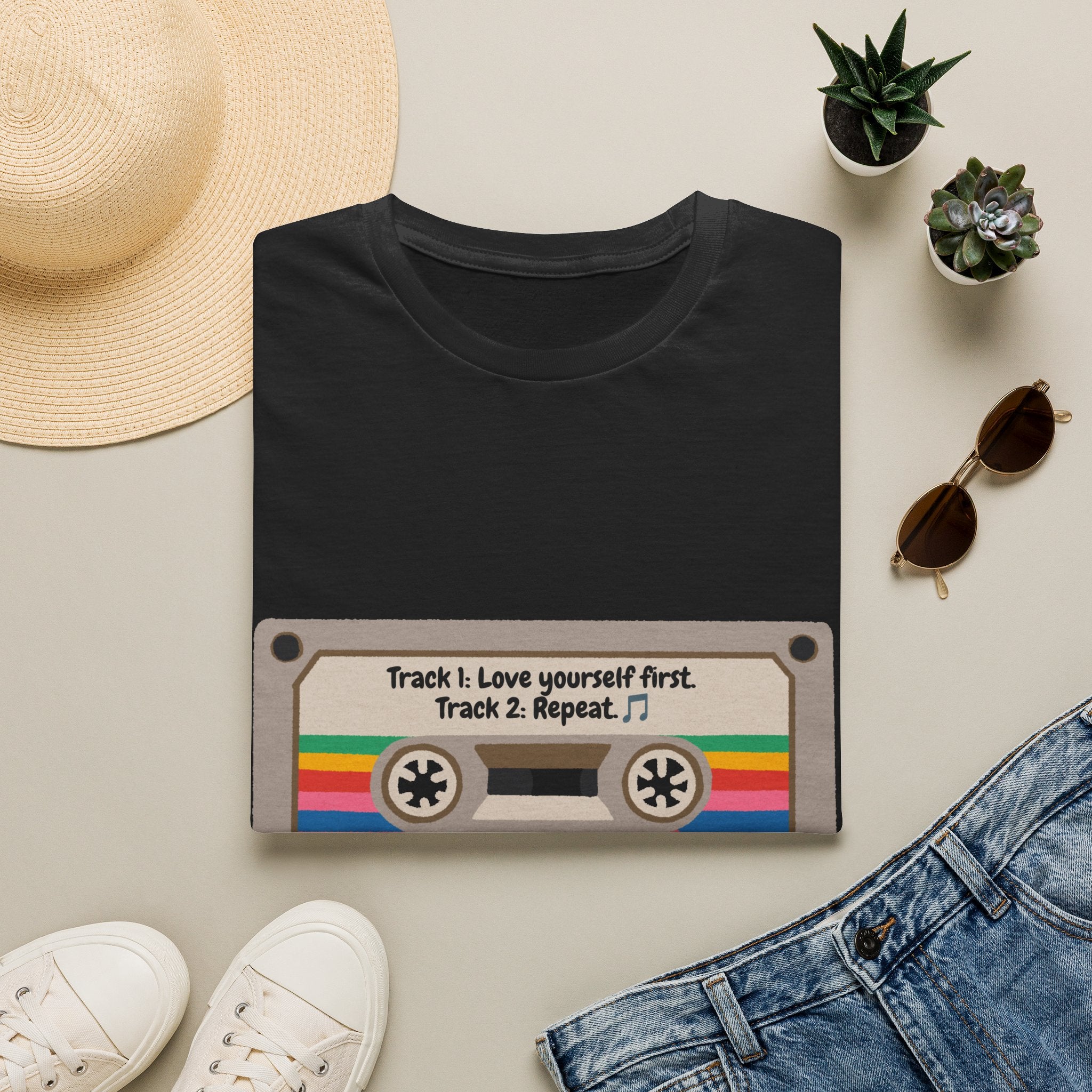 Cassette Tape Tee — "Track 1: Love yourself first. Track 2: Repeat" Vintage Retro T-Shirt