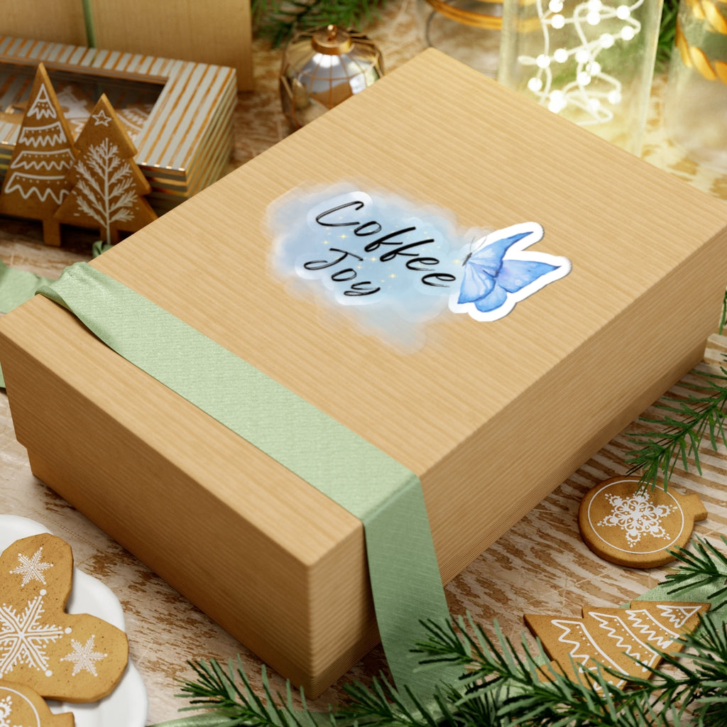 Kiss-Cut Sticker — “Coffee Joy” Blue Watercolor Butterfly Sticker
