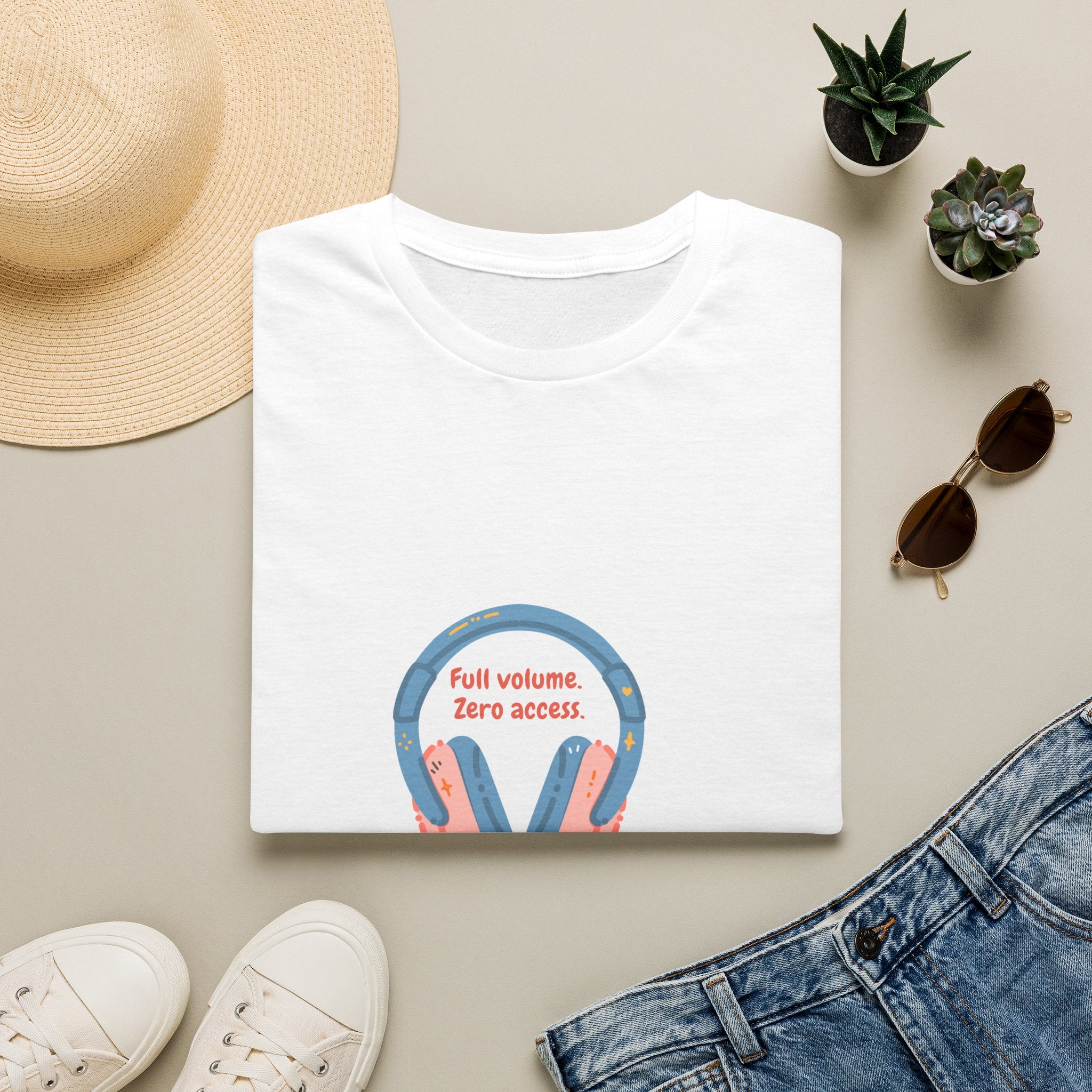 Headphones T‑Shirt — “Full volume. Zero access.” Graphic Tee for Music Lovers