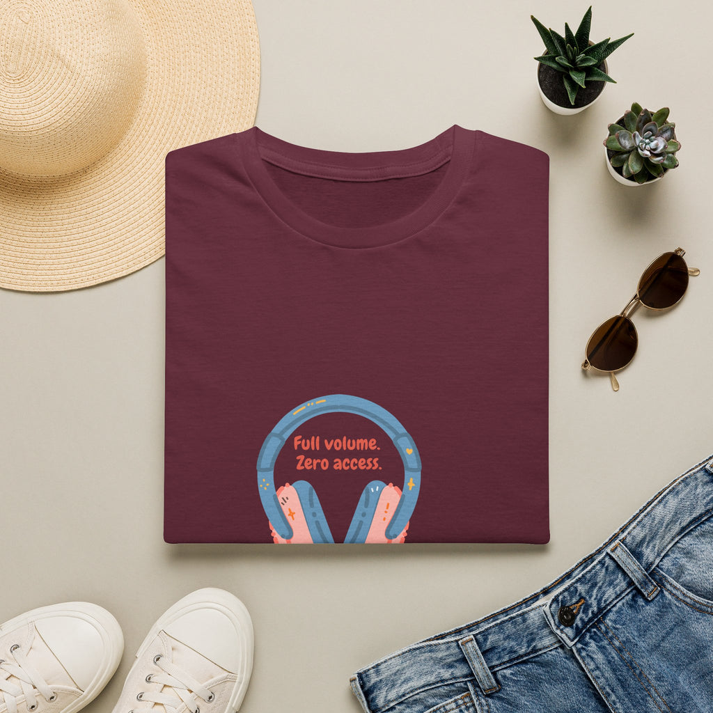 Headphones T‑Shirt — “Full volume. Zero access.” Graphic Tee for Music Lovers