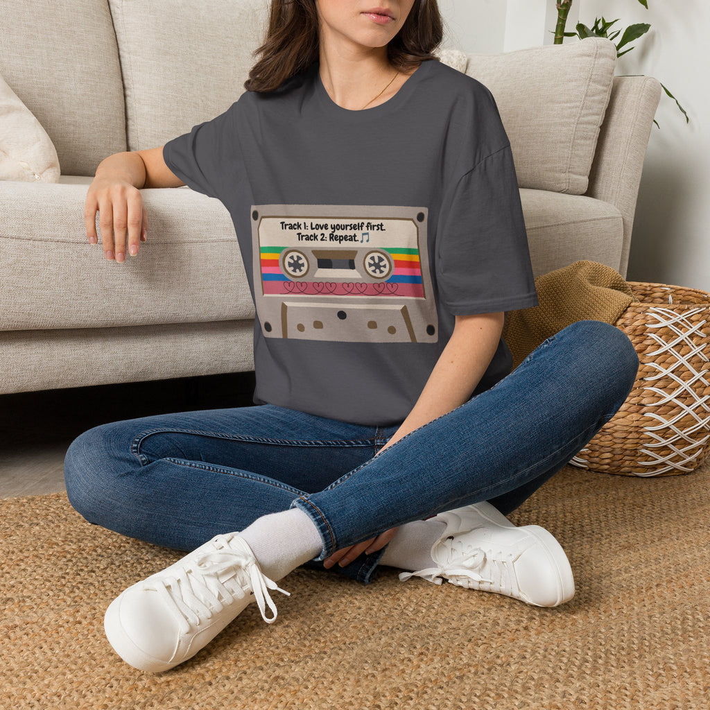Cassette Tape Tee — "Track 1: Love yourself first. Track 2: Repeat" Vintage Retro T-Shirt