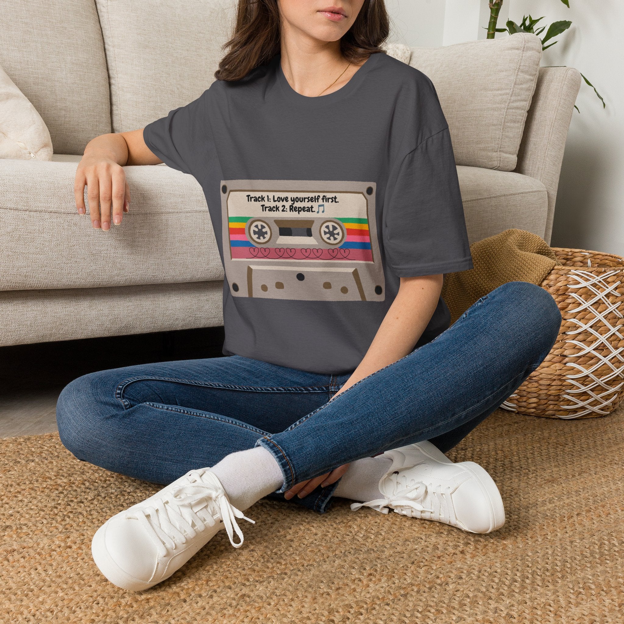 Cassette Tape Tee — "Track 1: Love yourself first. Track 2: Repeat" Vintage Retro T-Shirt