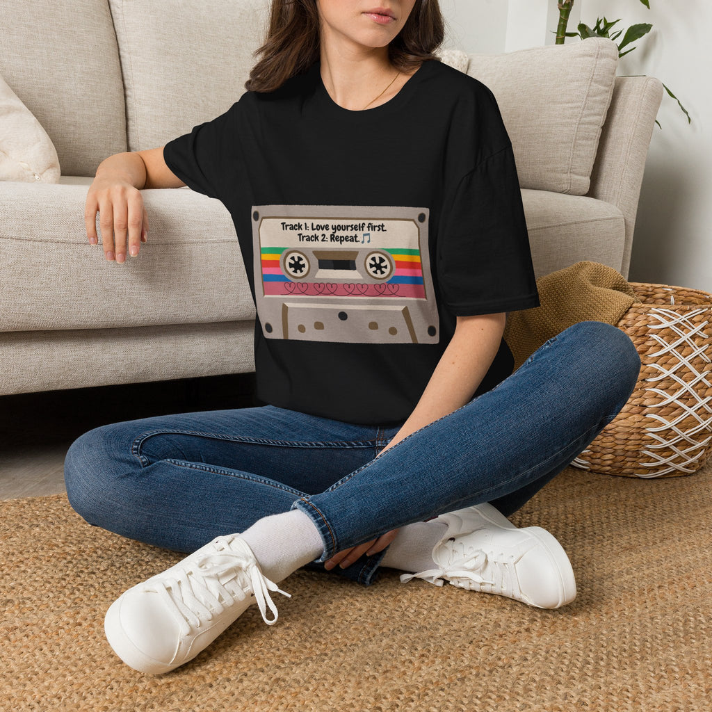 Cassette Tape Tee — "Track 1: Love yourself first. Track 2: Repeat" Vintage Retro T-Shirt