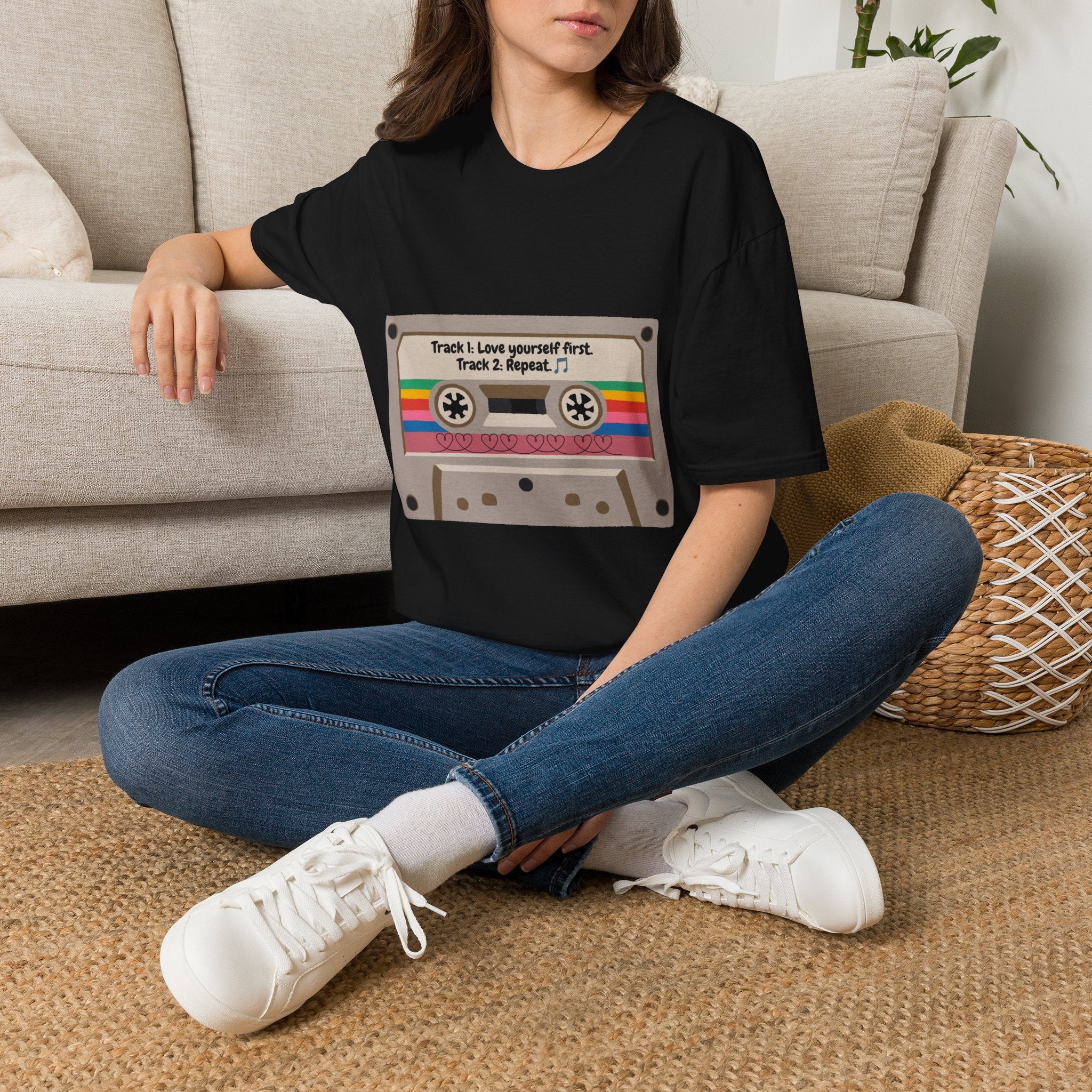 Cassette Tape Tee — "Track 1: Love yourself first. Track 2: Repeat" Vintage Retro T-Shirt