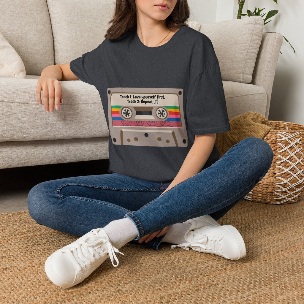 Cassette Tape Tee — "Track 1: Love yourself first. Track 2: Repeat" Vintage Retro T-Shirt