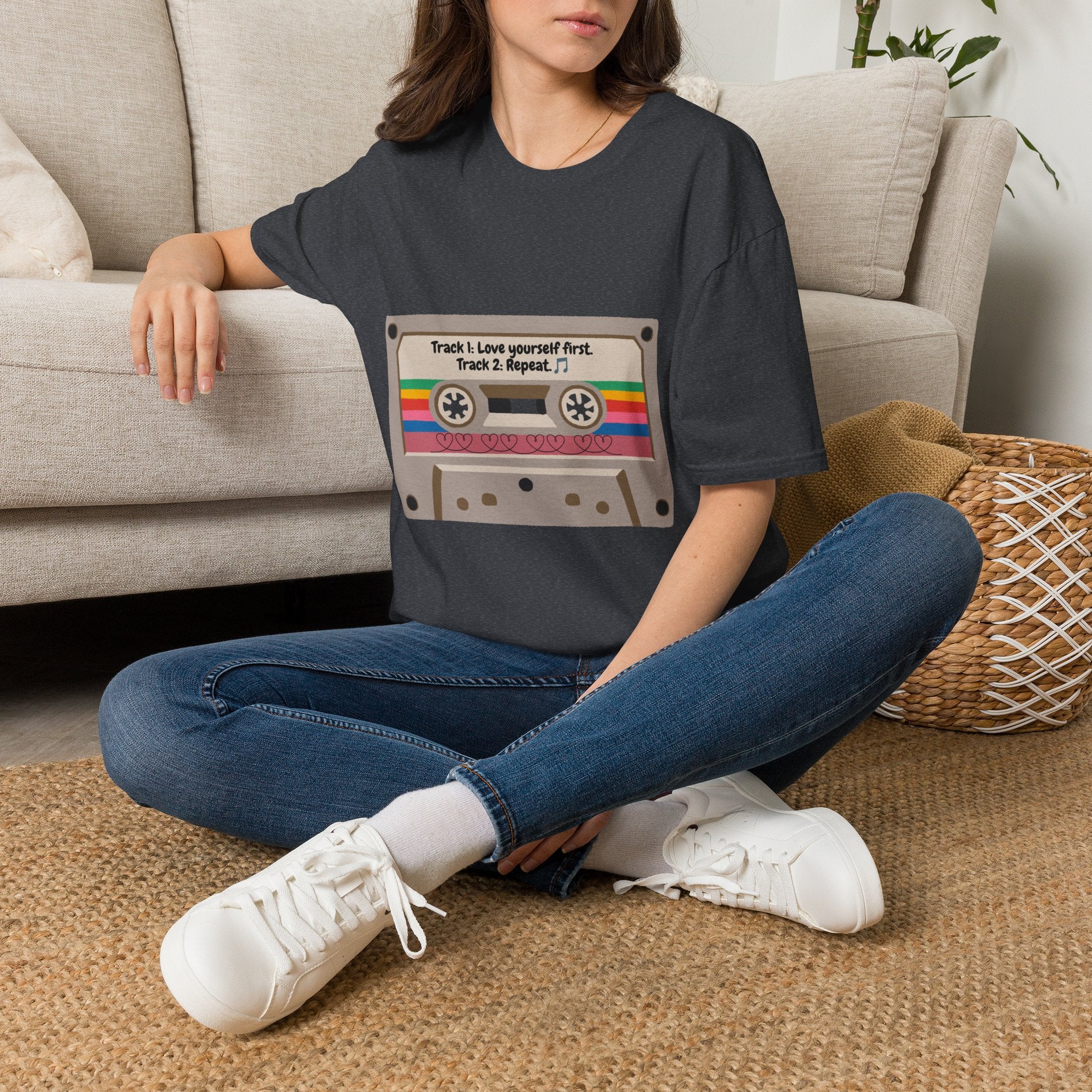 Cassette Tape Tee — "Track 1: Love yourself first. Track 2: Repeat" Vintage Retro T-Shirt