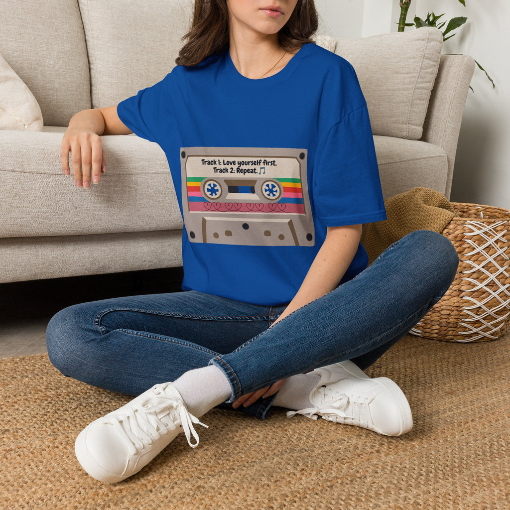 Cassette Tape Tee — "Track 1: Love yourself first. Track 2: Repeat" Vintage Retro T-Shirt