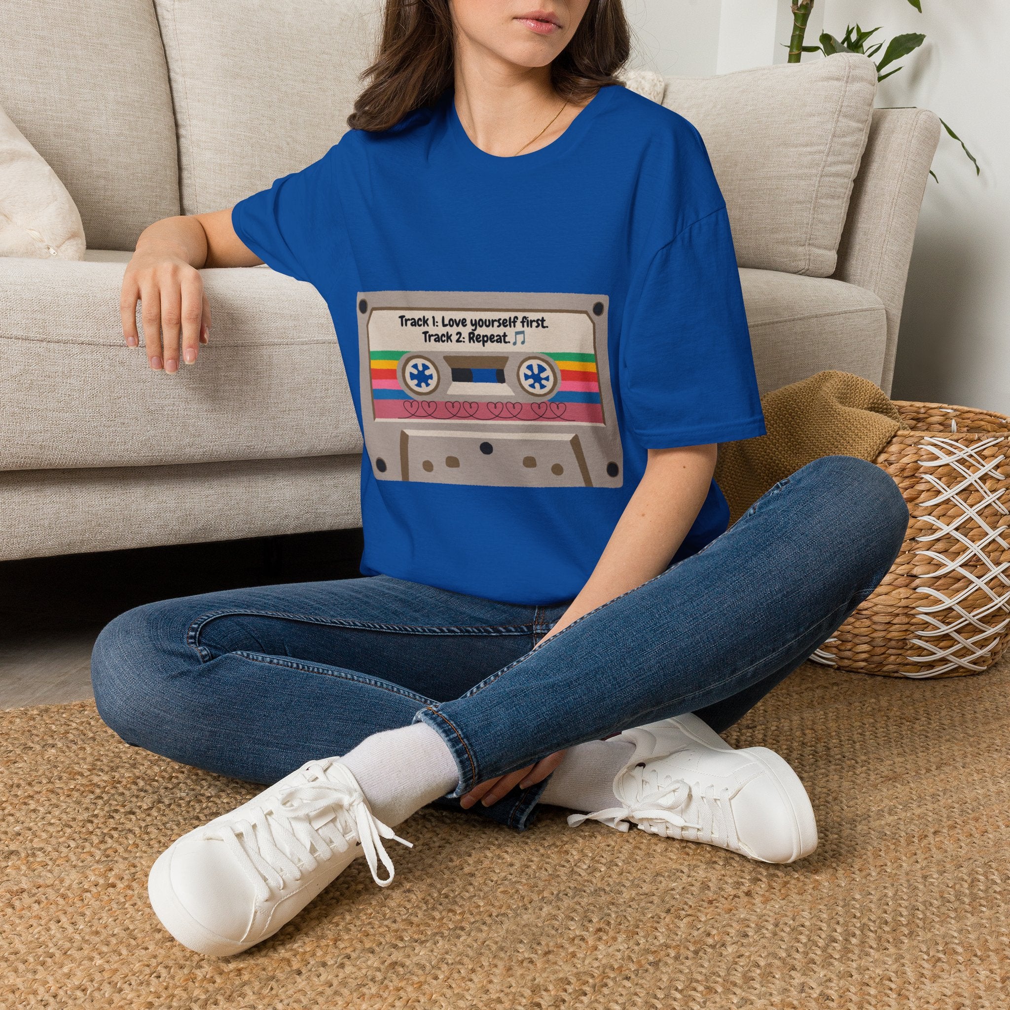 Cassette Tape Tee — "Track 1: Love yourself first. Track 2: Repeat" Vintage Retro T-Shirt