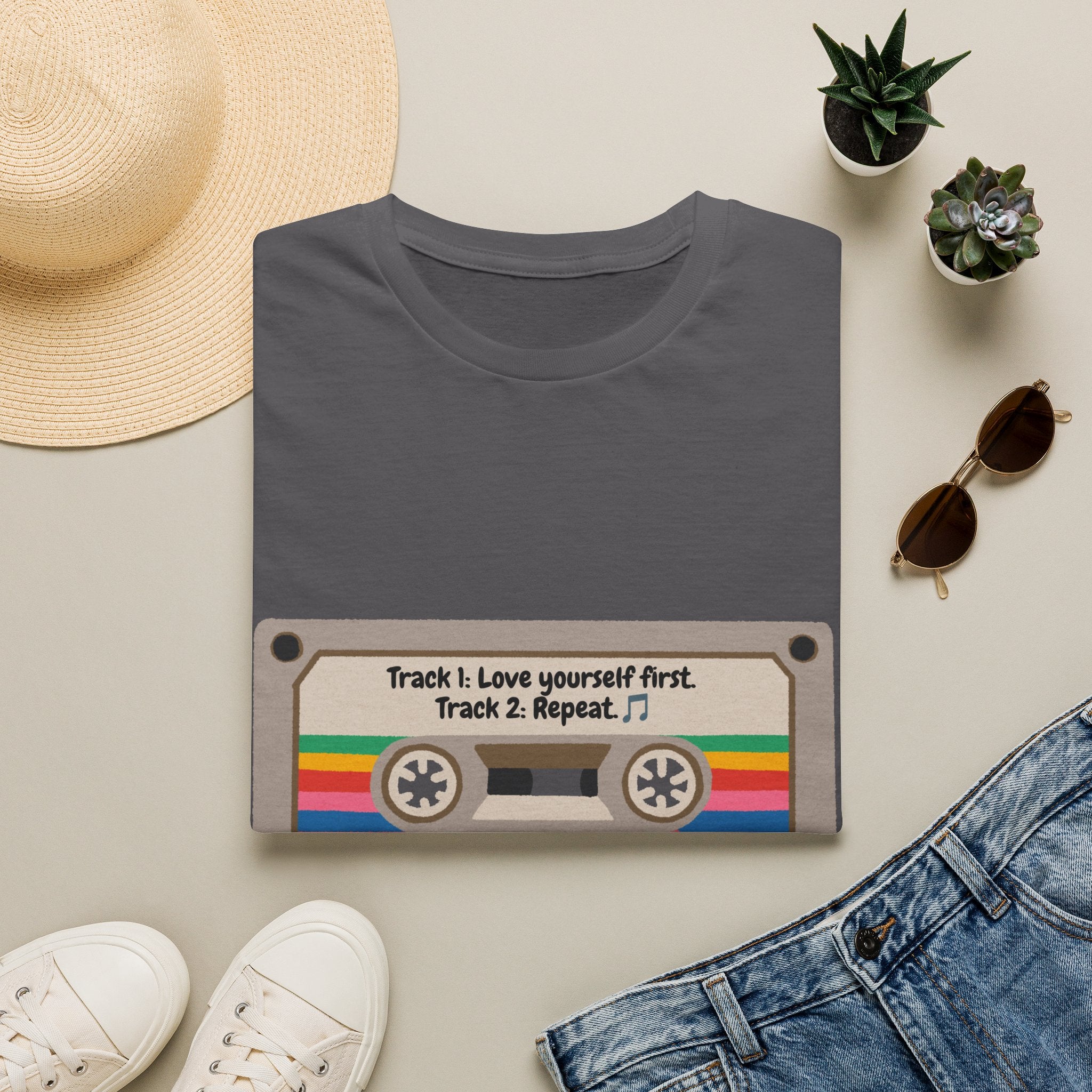 Cassette Tape Tee — "Track 1: Love yourself first. Track 2: Repeat" Vintage Retro T-Shirt