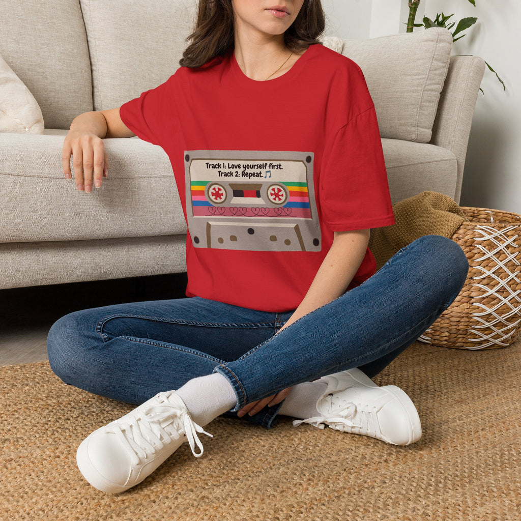 Cassette Tape Tee — "Track 1: Love yourself first. Track 2: Repeat" Vintage Retro T-Shirt