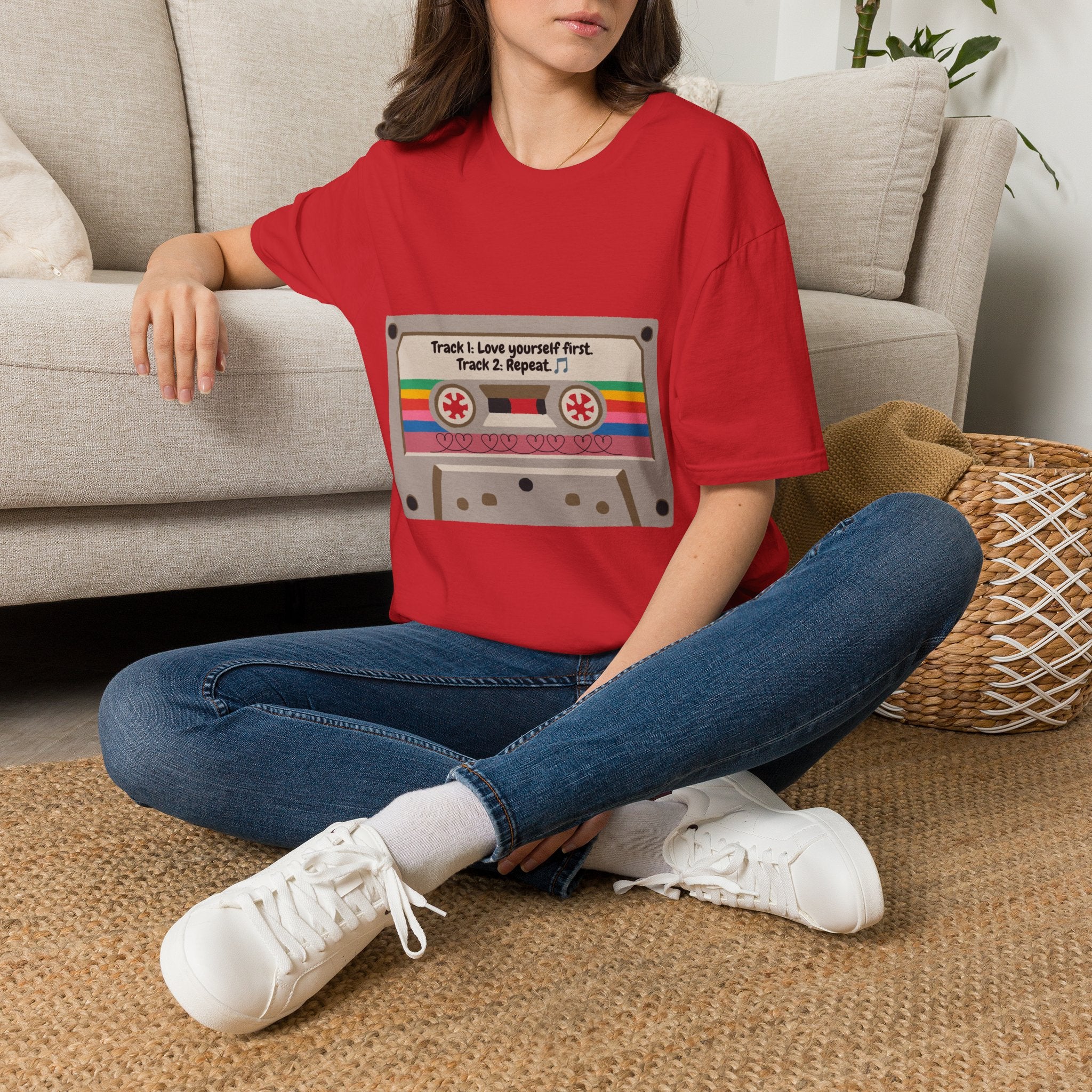 Cassette Tape Tee — "Track 1: Love yourself first. Track 2: Repeat" Vintage Retro T-Shirt