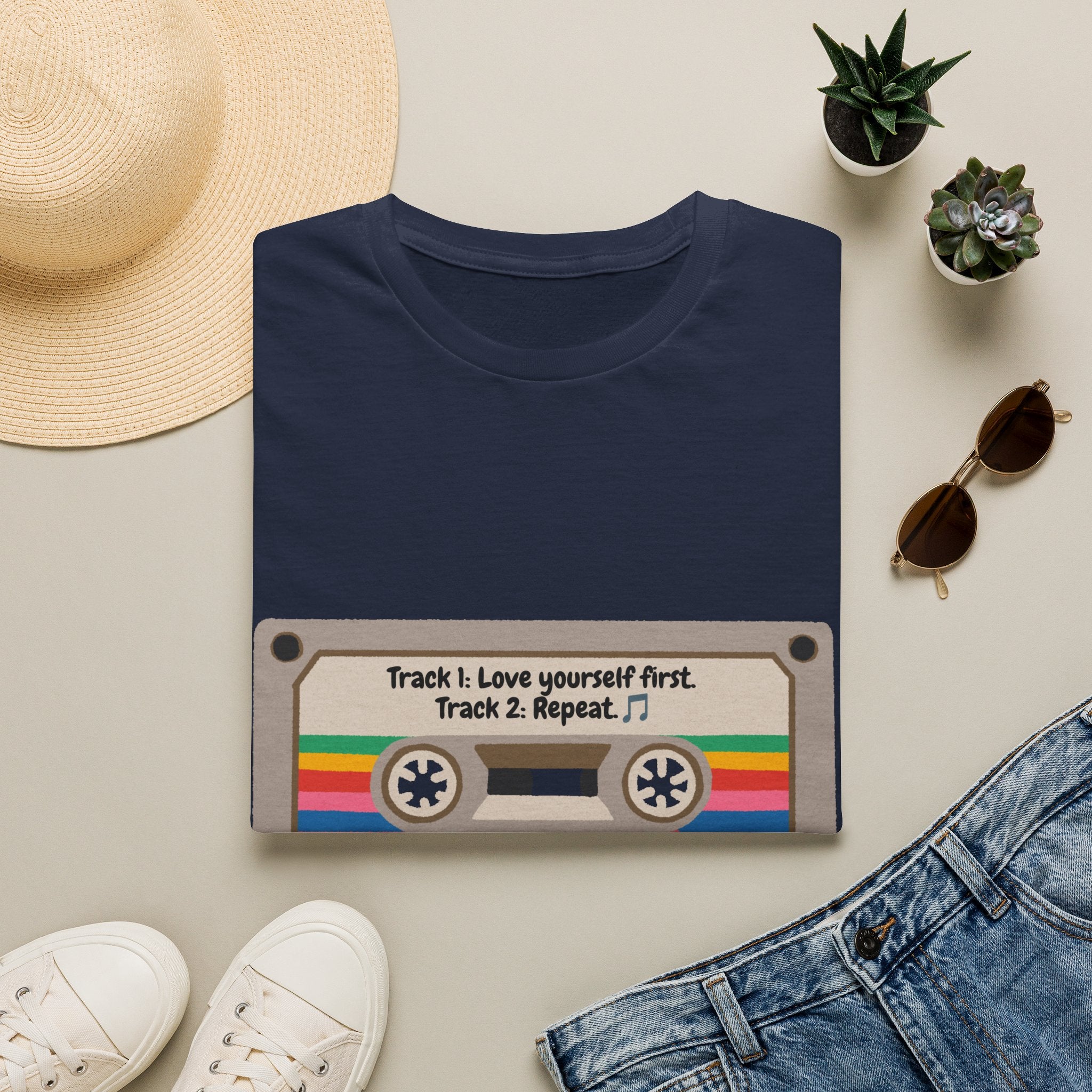 Cassette Tape Tee — "Track 1: Love yourself first. Track 2: Repeat" Vintage Retro T-Shirt