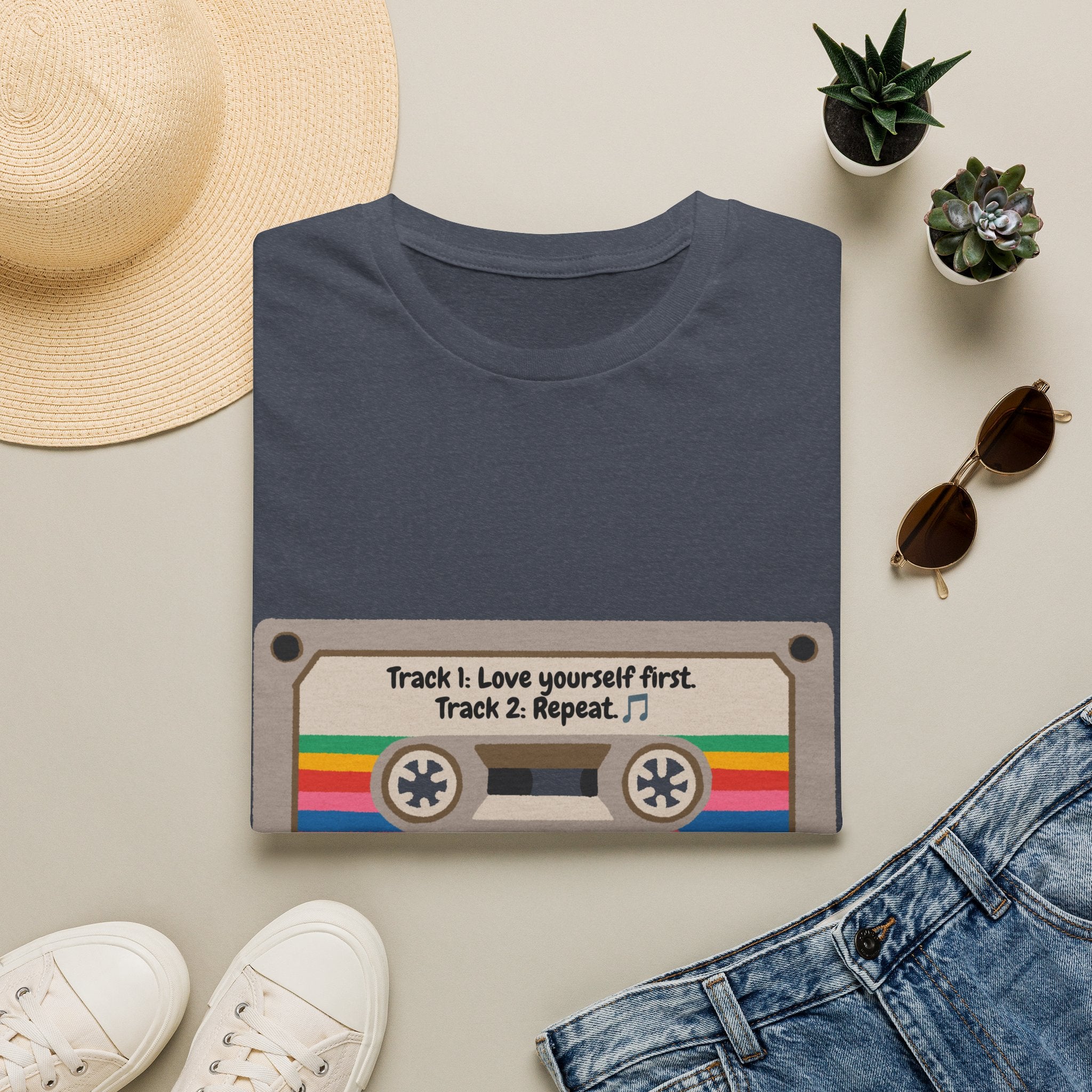 Cassette Tape Tee — "Track 1: Love yourself first. Track 2: Repeat" Vintage Retro T-Shirt